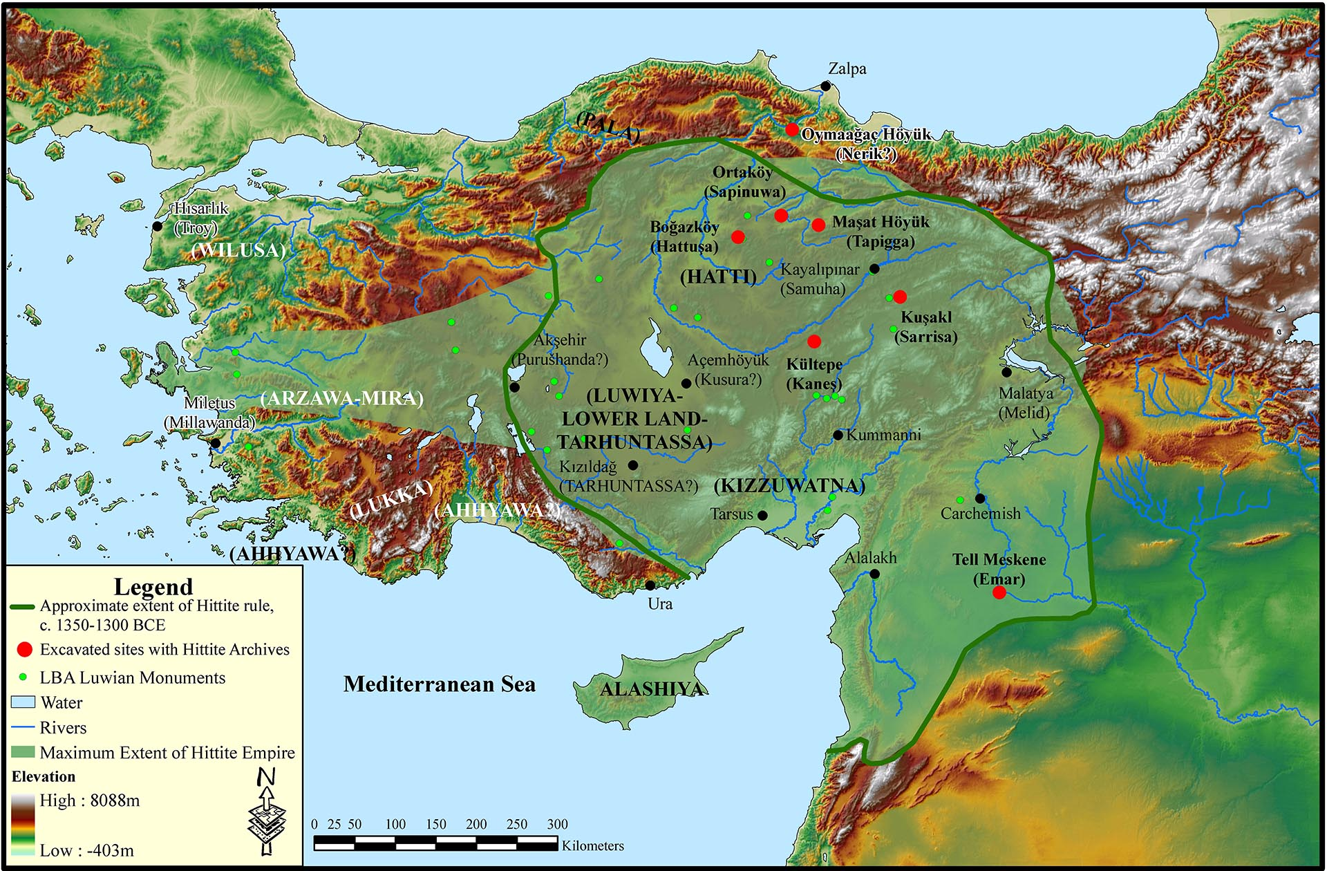 Map of Hittite Anatolia showing sites, archives, Luwian monuments and the approximate extent of Hittite rule