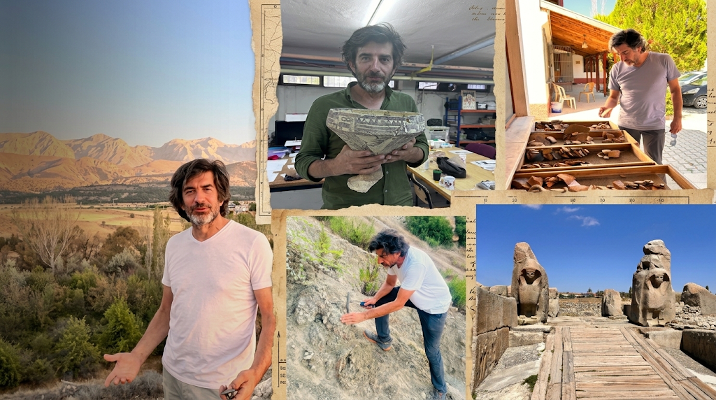 Collage of Mustafa Kibaroğlu in the field, examining ceramics and sampling geological materials