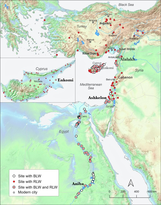 Distribution map of Red Lustrous Ware and Black Lustrous Ware in the Eastern Mediterranean, with sites in Anatolia, Cyprus, the Levant and Egypt